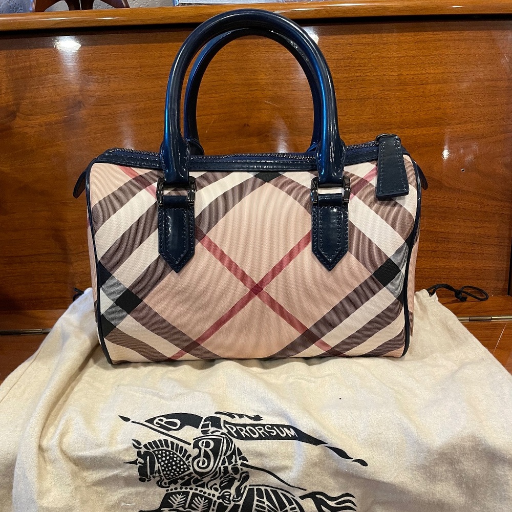 Burberry Nova Round Plaid Blue Patent Leather Bowling Bag